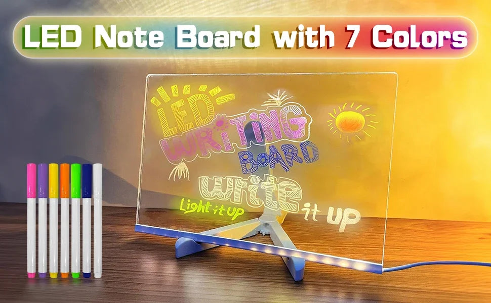 Acrylic Clear Light Up Drawing Board,Glow Erasable Memo LED Magic Board , Kids DIY Toys , with 7 Color Markers Pen and Stand