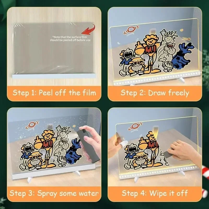 Acrylic Clear Light Up Drawing Board,Glow Erasable Memo LED Magic Board , Kids DIY Toys , with 7 Color Markers Pen and Stand