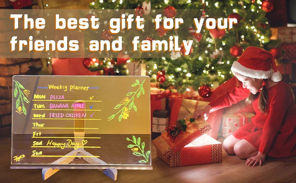 Acrylic Clear Light Up Drawing Board,Glow Erasable Memo LED Magic Board , Kids DIY Toys , with 7 Color Markers Pen and Stand