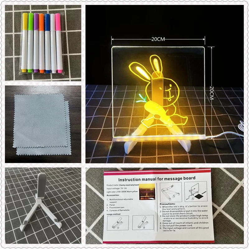 Acrylic Clear Light Up Drawing Board,Glow Erasable Memo LED Magic Board , Kids DIY Toys , with 7 Color Markers Pen and Stand
