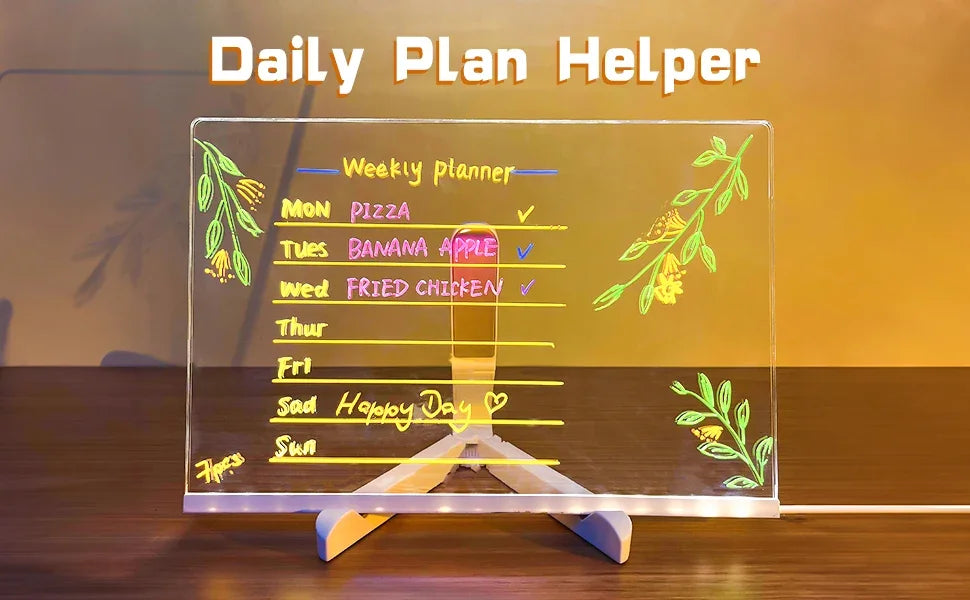 Acrylic Clear Light Up Drawing Board,Glow Erasable Memo LED Magic Board , Kids DIY Toys , with 7 Color Markers Pen and Stand